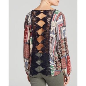 Vintage Havana Colorful Patchwork Blouse with Navy Crochet